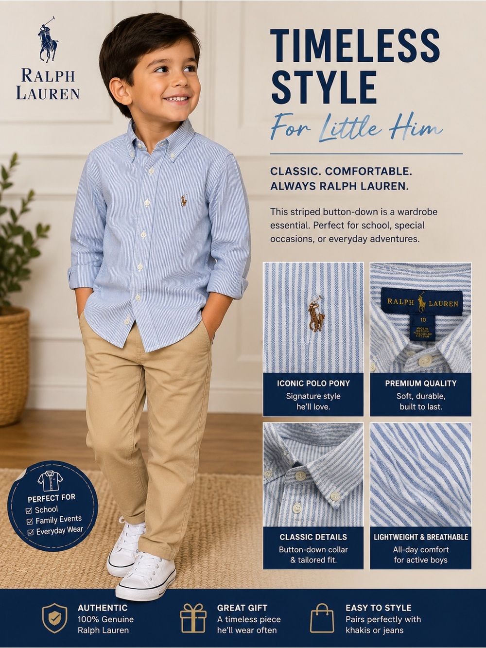 Ralph Lauren Boys' Blue Striped Button-Down Shirt size 10